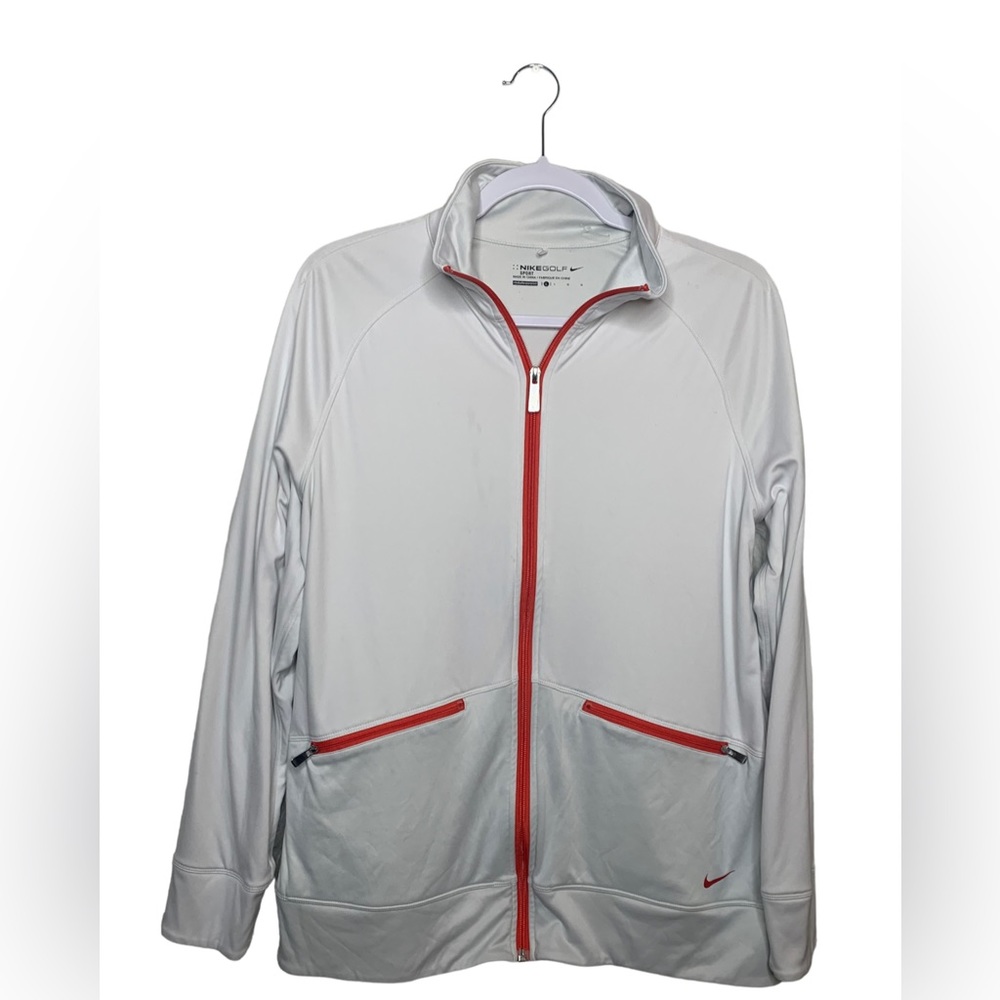 Woman’s white light grey and orange workout Nike jacket with 2 zipper pockets